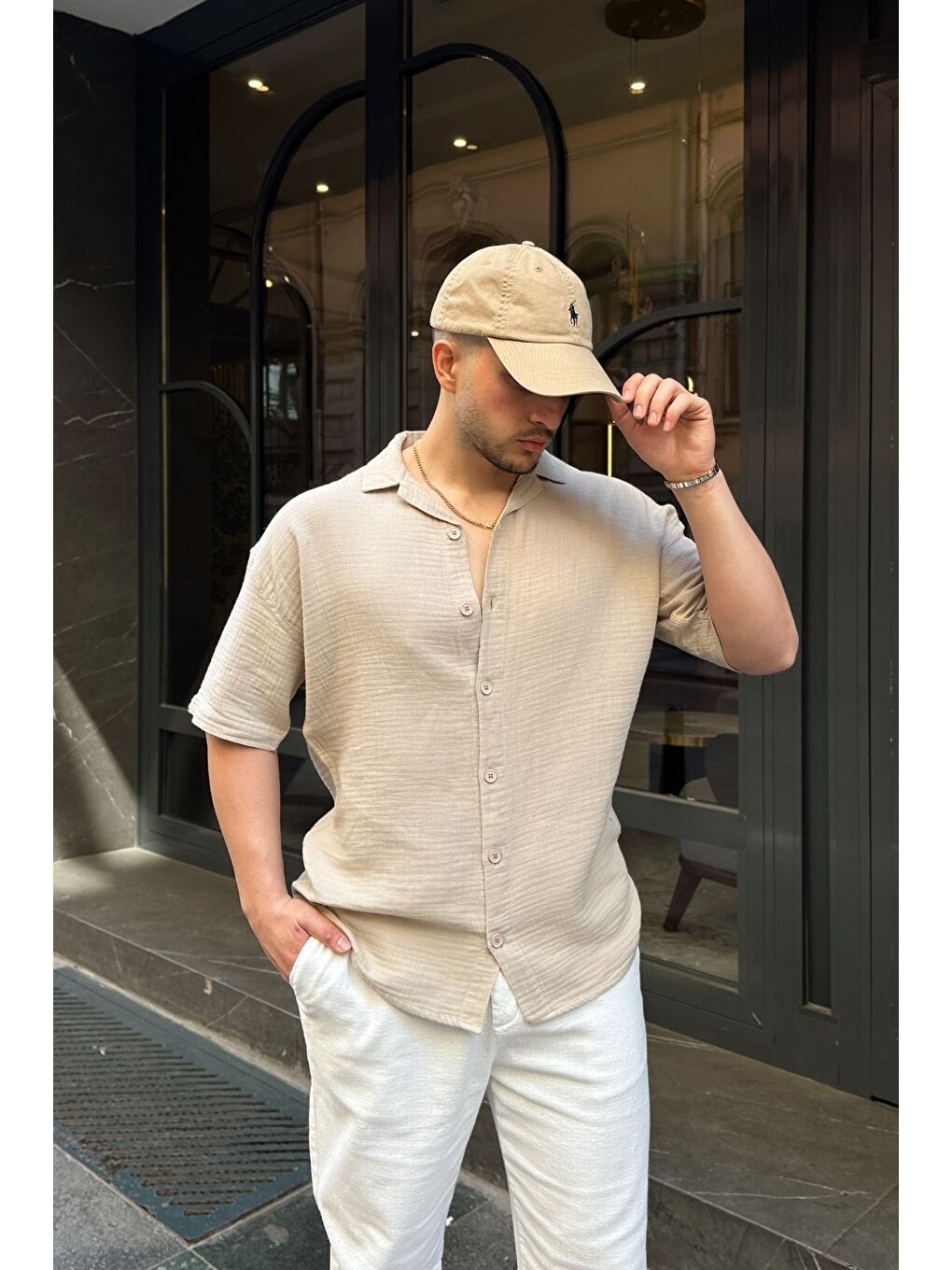 Bej Nebel Erkek Yazlık Pamuk Gömlek Apaş Yaka Kısa Kollu, Düğmeli, Rahat Kalıp-2