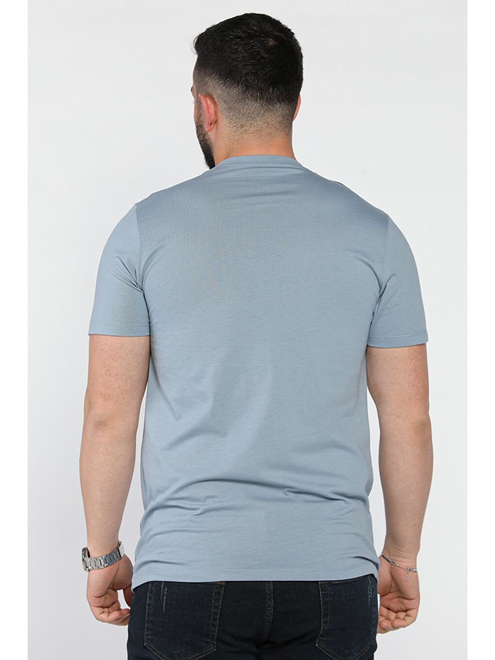 Mavi Erkek Bisiklet Yaka Baskılı Tişört-3