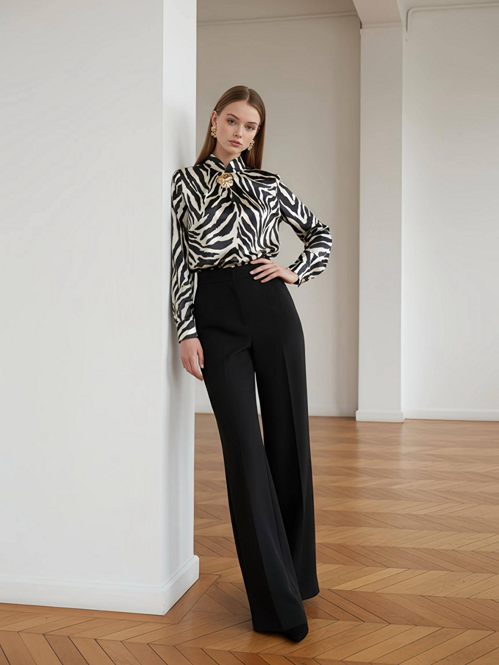 Siyah Gold Broşlu Zebra Desenli Bluz-1