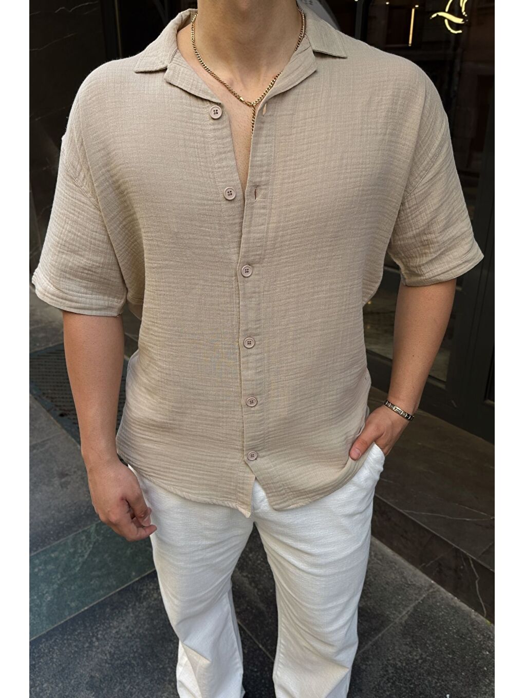 Bej Nebel Erkek Yazlık Pamuk Gömlek Apaş Yaka Kısa Kollu, Düğmeli, Rahat Kalıp-3