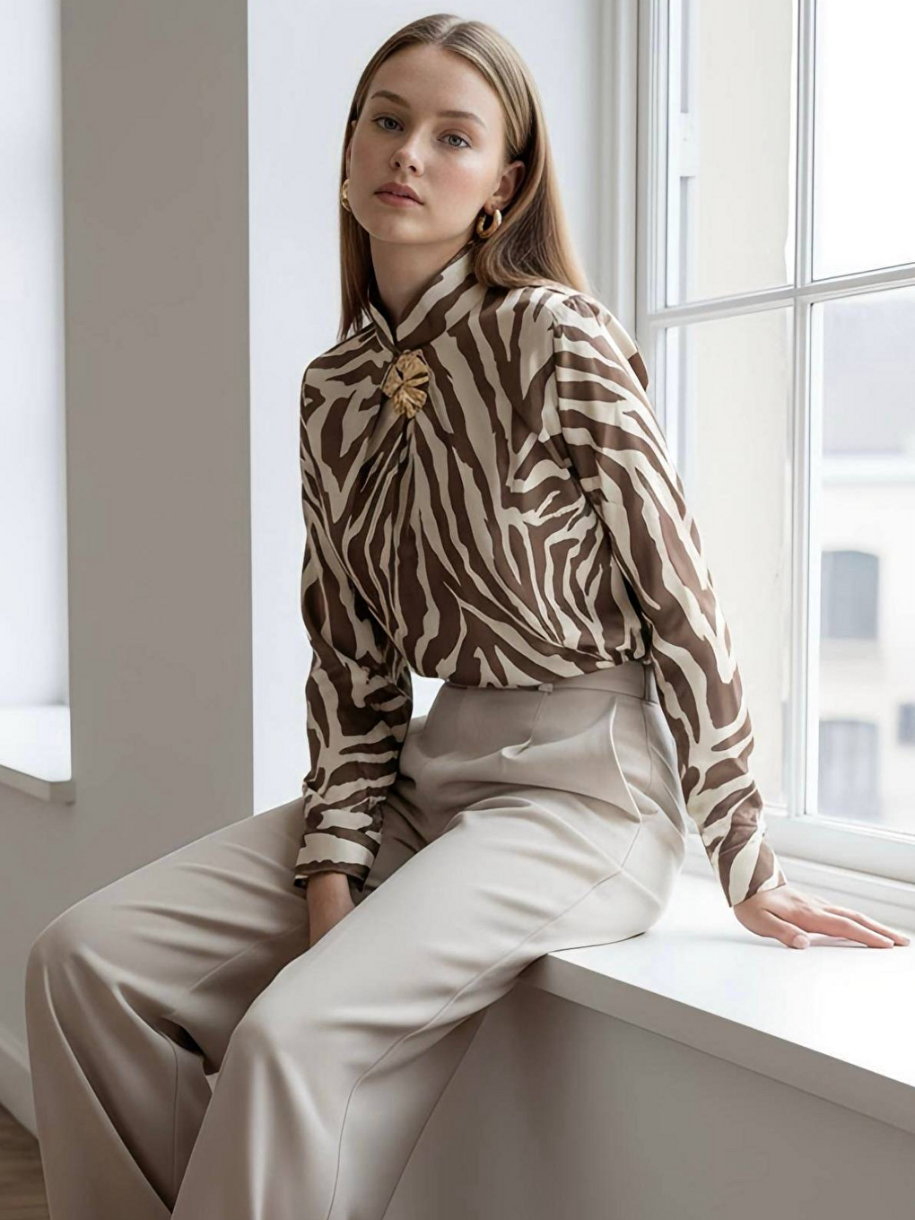 Kahverengi Gold Broşlu Zebra Desenli Bluz