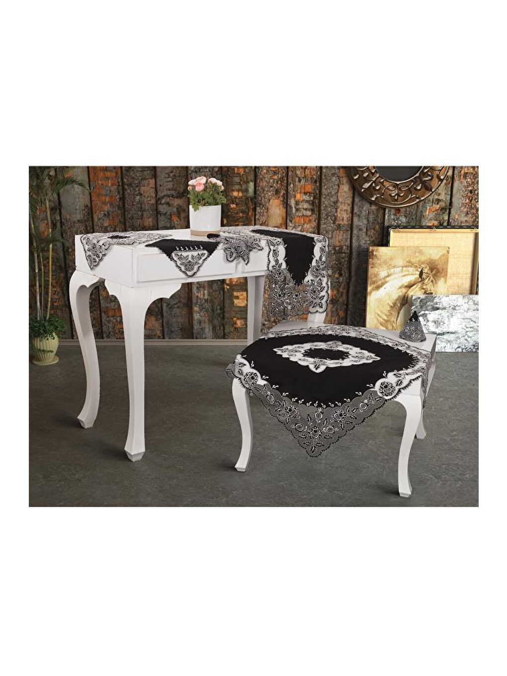 Seven Nakışlı Salon Takımı 16 Parça Siyah-2