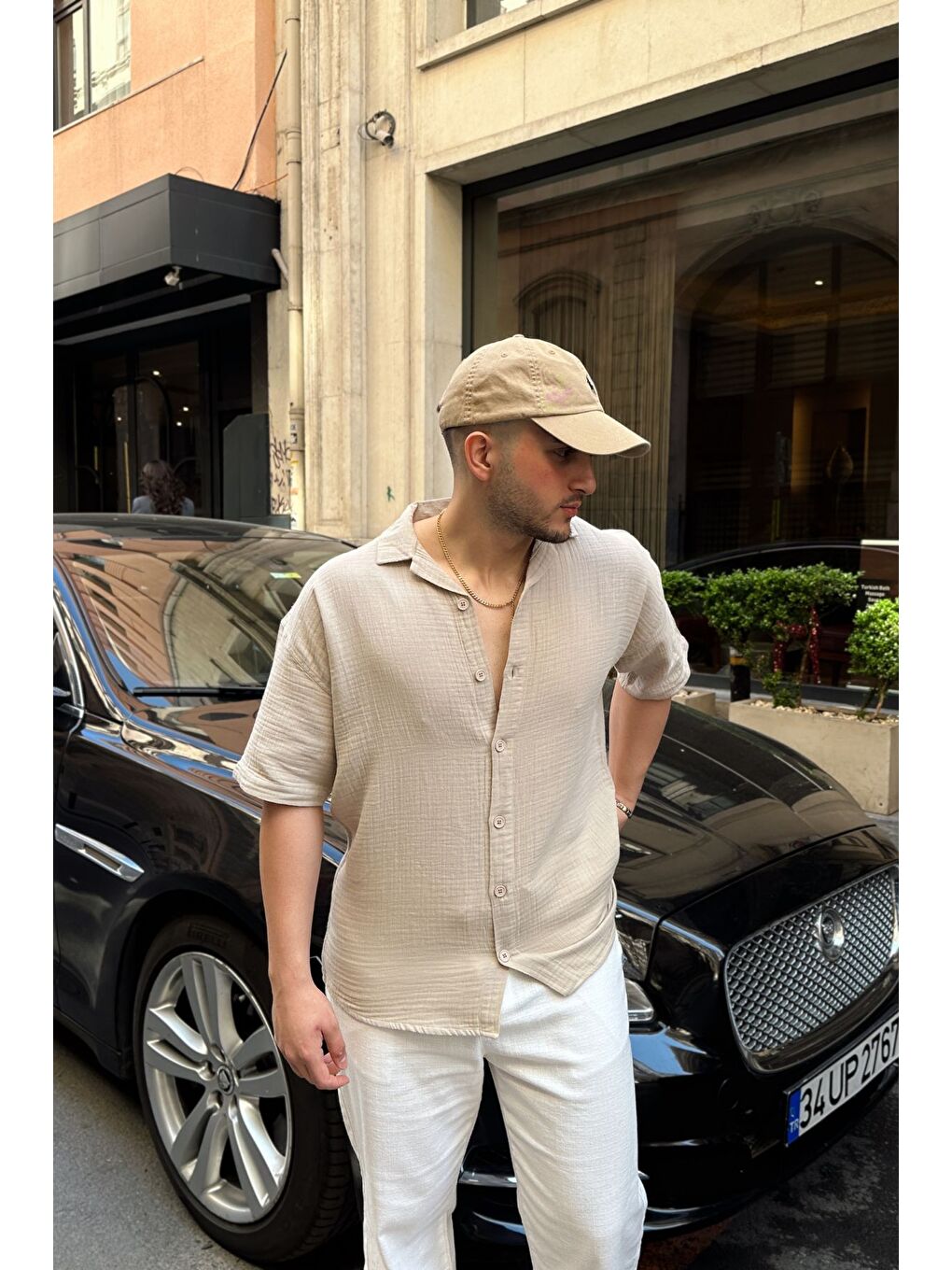 Bej Nebel Erkek Yazlık Pamuk Gömlek Apaş Yaka Kısa Kollu, Düğmeli, Rahat Kalıp-4