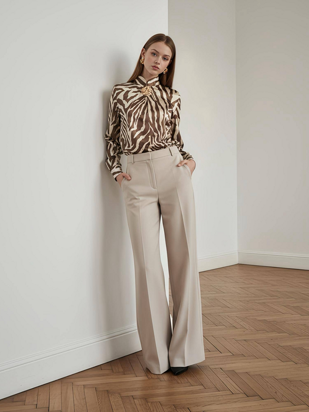 Kahverengi Gold Broşlu Zebra Desenli Bluz-1