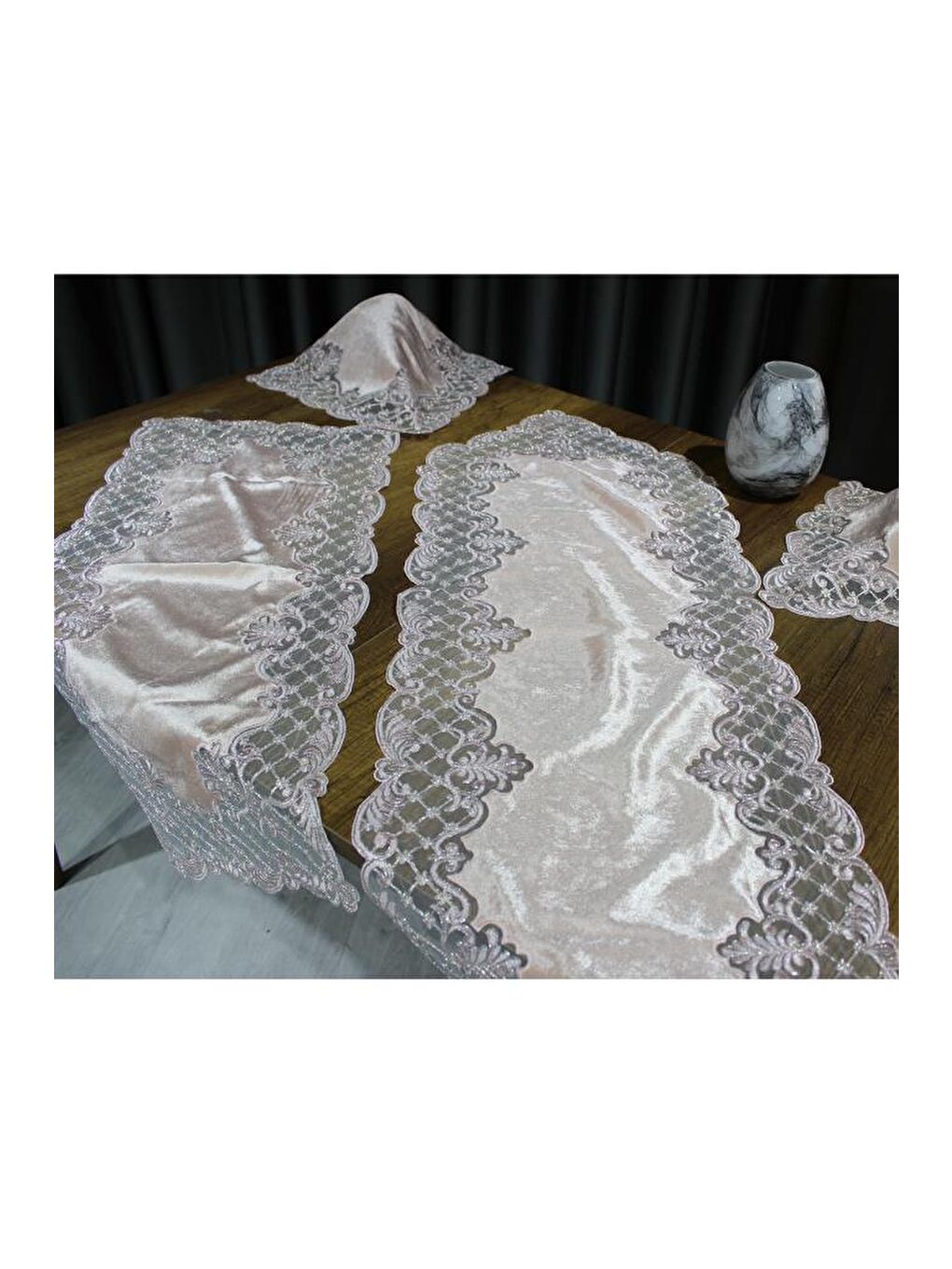 Pembe Kadife Advance Salon Takımı 5 Parça Pudra-9