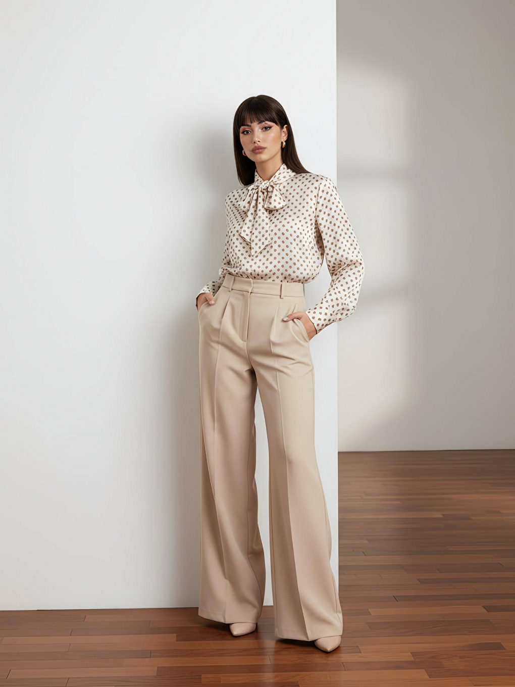 Kahverengi Puantiye Desenki Paris Fularlı Gömlek