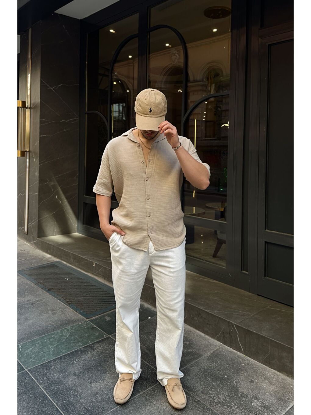 Bej Nebel Erkek Yazlık Pamuk Gömlek Apaş Yaka Kısa Kollu, Düğmeli, Rahat Kalıp-5