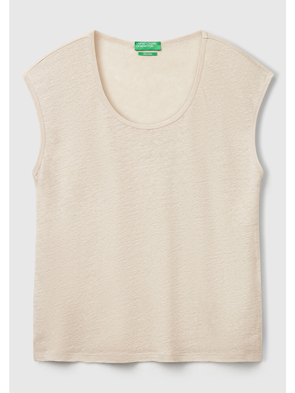 Bej Kadın Taş Rengi %100 Keten Yanları Yırtmaçlı Relax Fit Yuvarlak Yaka T-Shirt-1