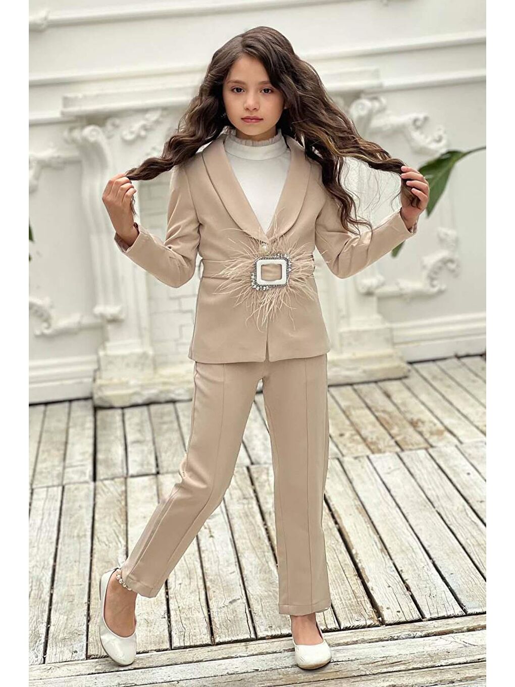 Ekru Kız Çocuk Yakası Fırfır Tüllü Dik Yaka Kazak Blazer Ceket Kırçılı Krem Alt Üst Takım