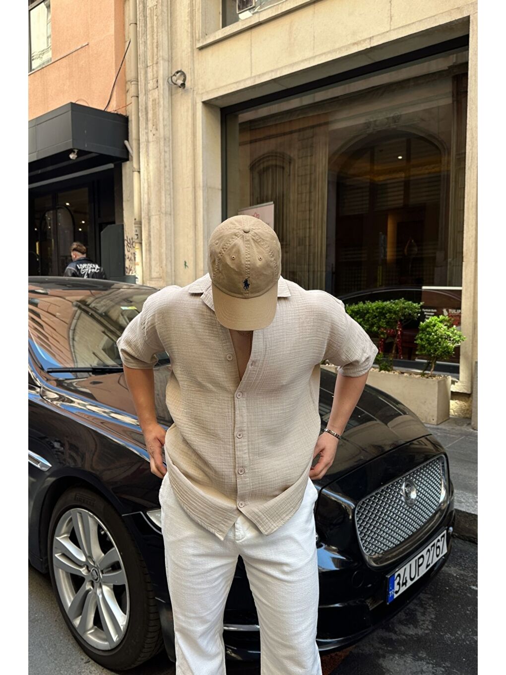 Bej Nebel Erkek Yazlık Pamuk Gömlek Apaş Yaka Kısa Kollu, Düğmeli, Rahat Kalıp-6