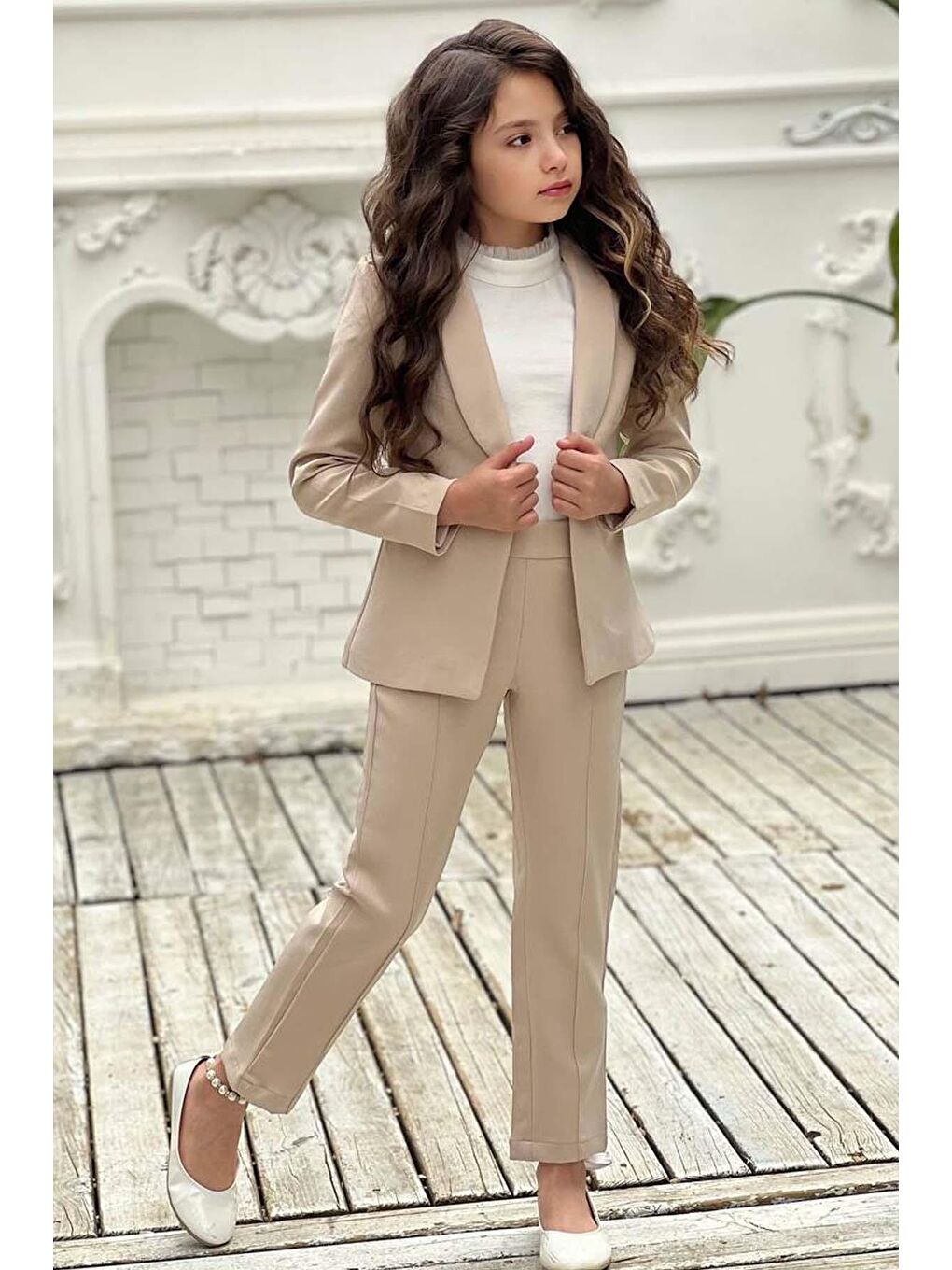 Ekru Kız Çocuk Yakası Fırfır Tüllü Dik Yaka Kazak Blazer Ceket Kırçılı Krem Alt Üst Takım-2