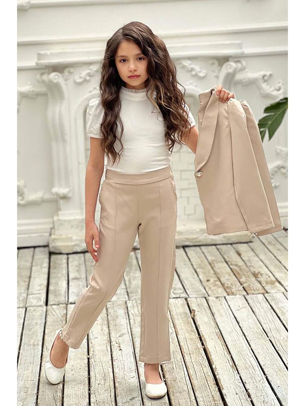 Ekru Kız Çocuk Yakası Fırfır Tüllü Dik Yaka Kazak Blazer Ceket Kırçılı Krem Alt Üst Takım-3