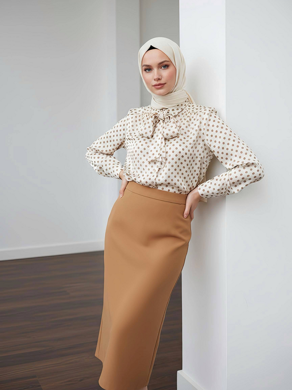 Kahverengi Puantiye Desenki Paris Fularlı Gömlek-1