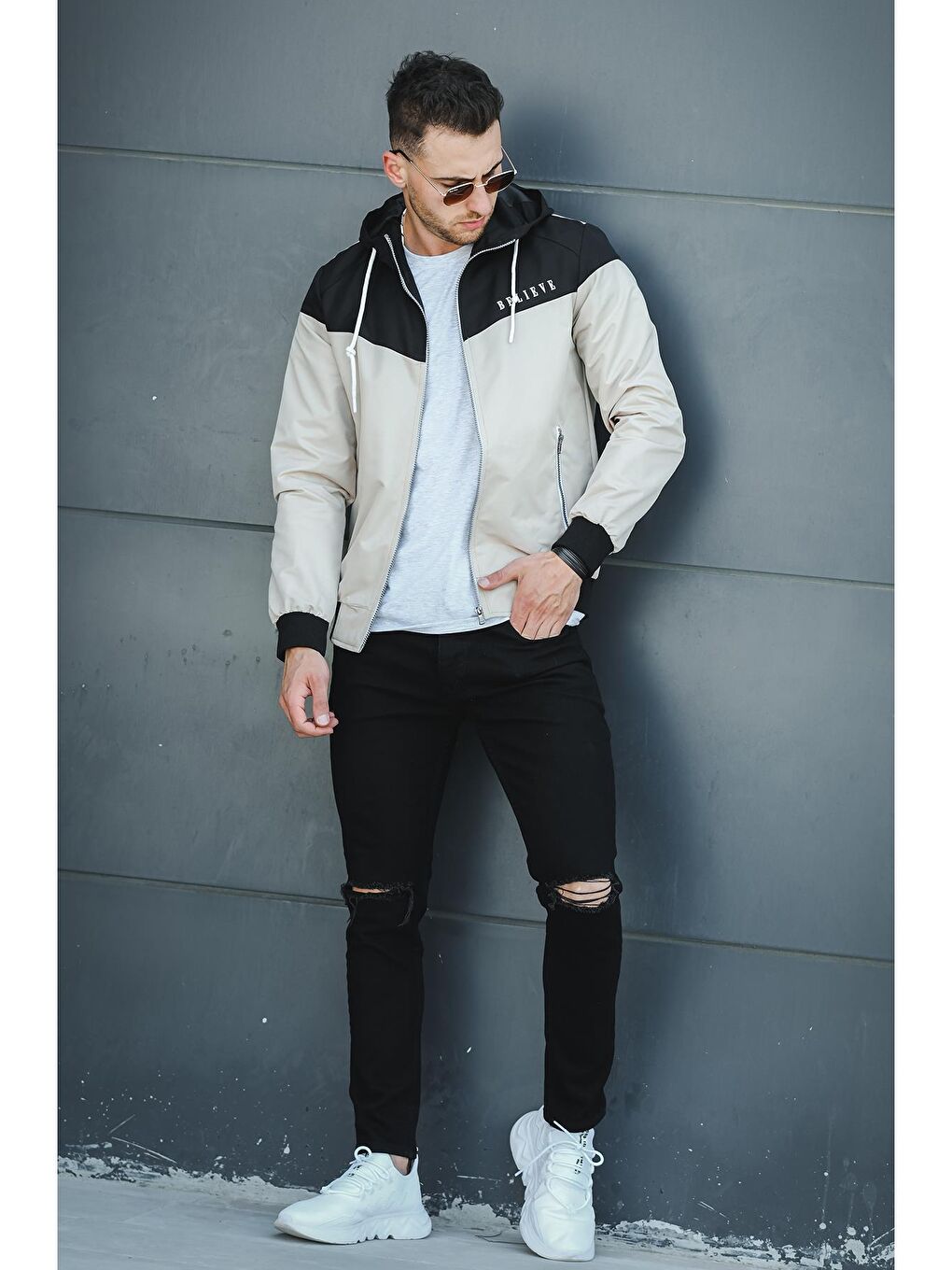 Siyah Believe Baskılı Suya Dayanaklı Slim Fit Erkek Mevsimlik Mont Yağmurluk-2