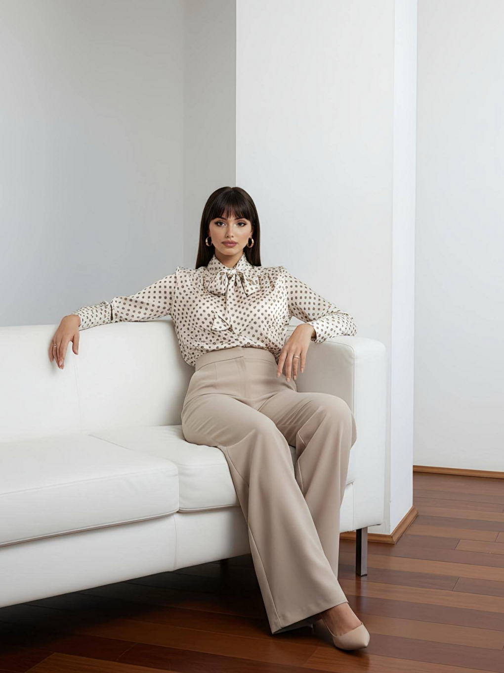 Kahverengi Puantiye Desenki Paris Fularlı Gömlek-2