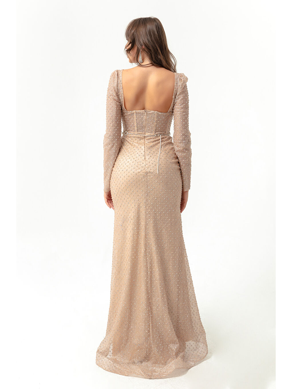 Kadın Bej Kare Yaka Taşlı Kemerli Uzun Abiye Elbise-4
