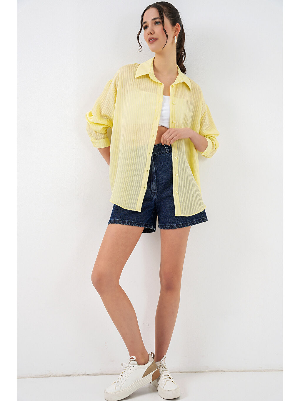 Kadın Uzun Oversize Gömlek 20320 - Sarı-1