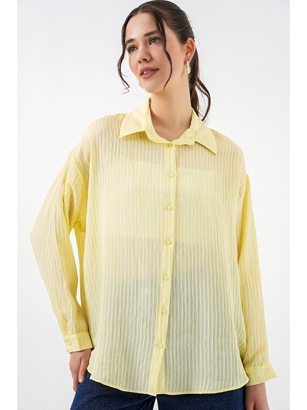 Kadın Uzun Oversize Gömlek 20320 - Sarı-2