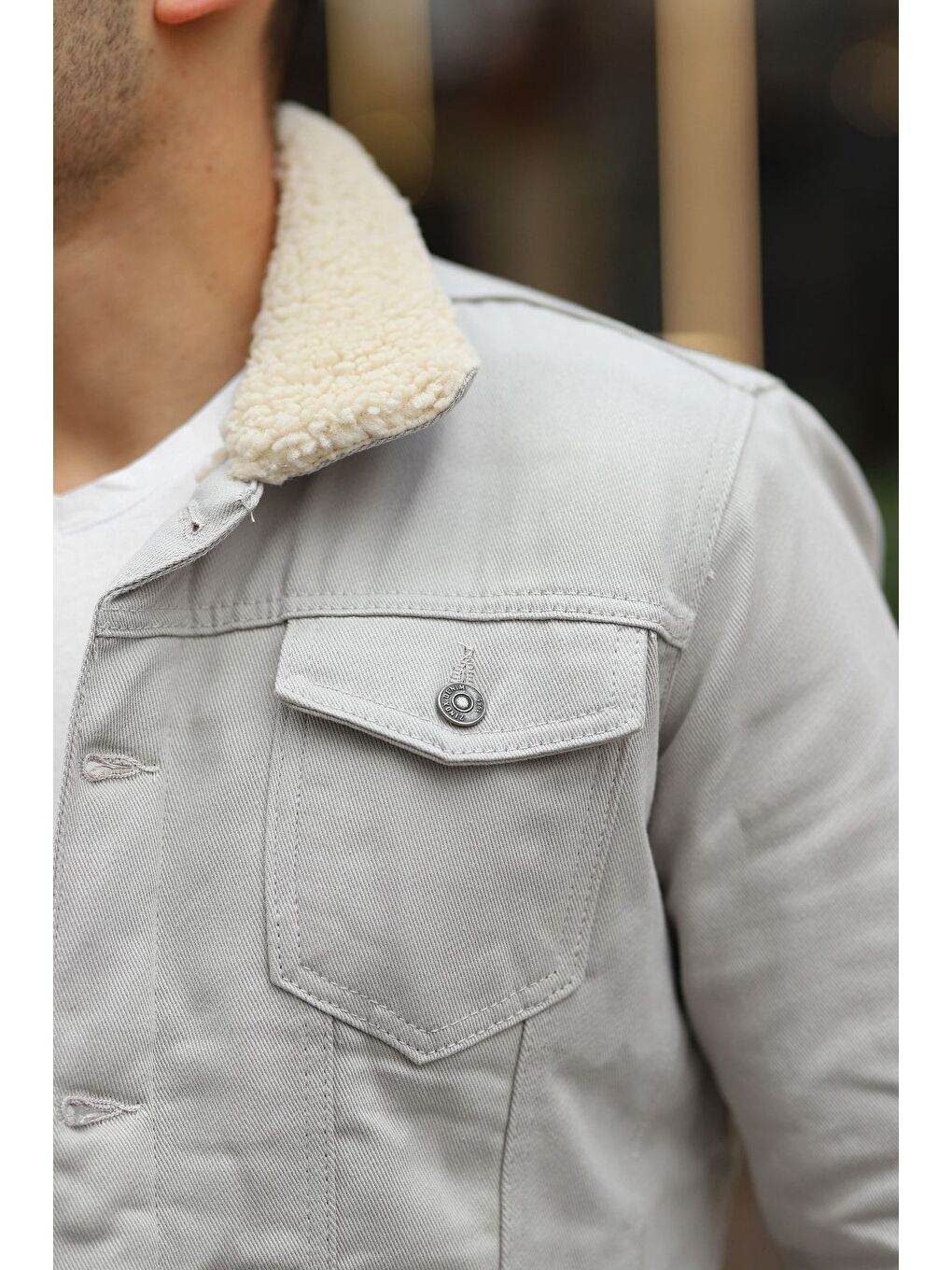 Gri Erkek Trend Kışlık Içi Kürklü Jean Ceket Bej Taş-1