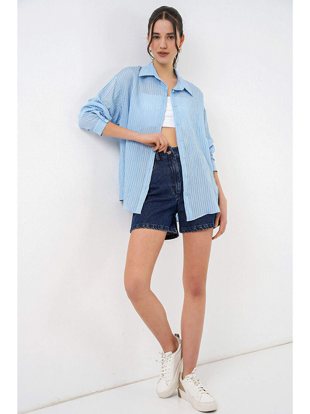 Kadın Uzun Oversize Gömlek 20320 - Mavi-1