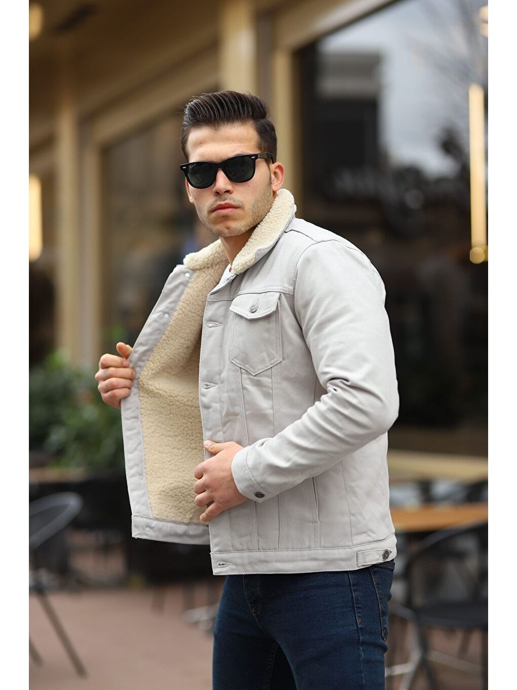 Gri Erkek Trend Kışlık Içi Kürklü Jean Ceket Bej Taş-2
