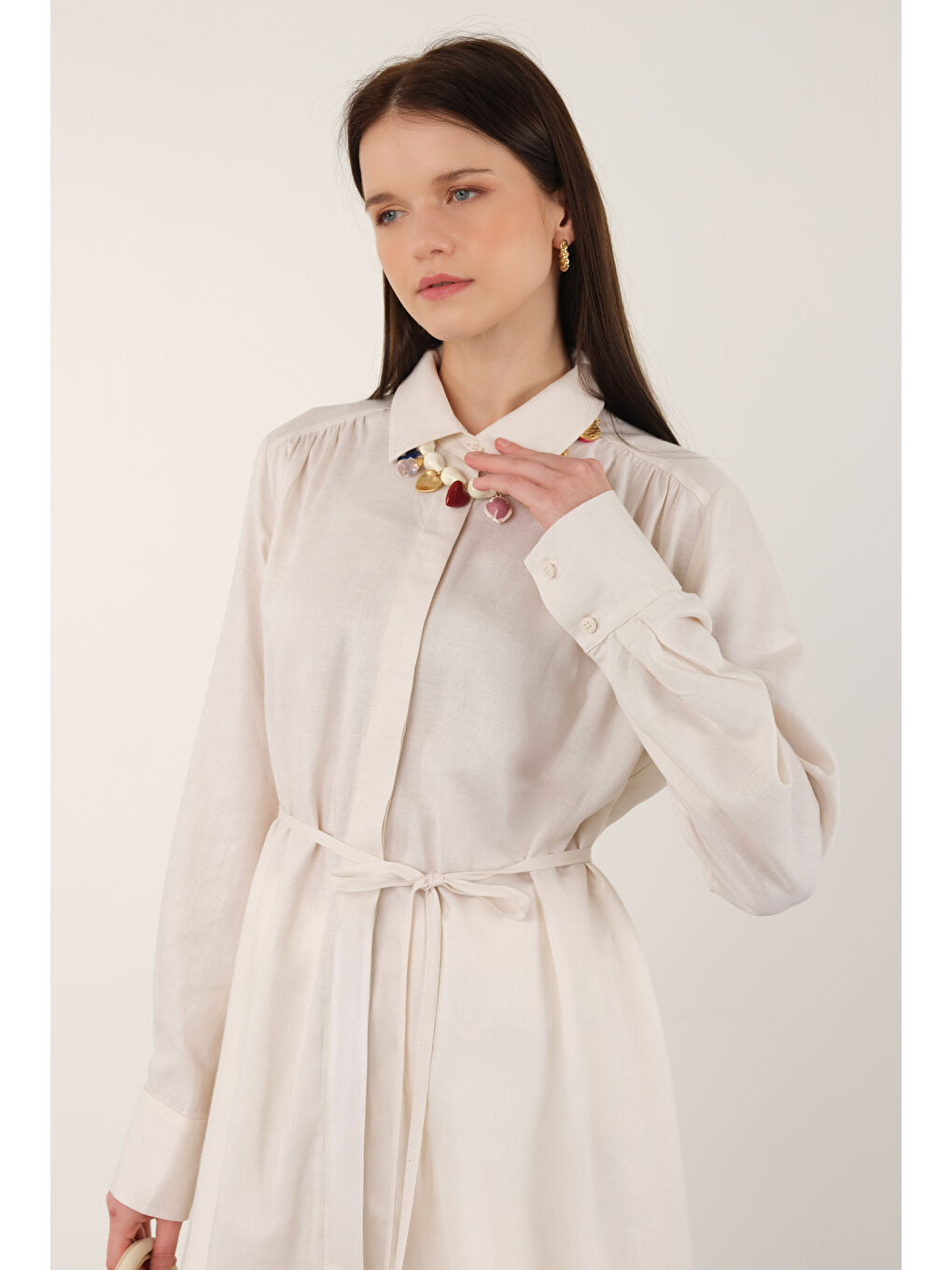 Uzun Keten Gömlek Ekru-1