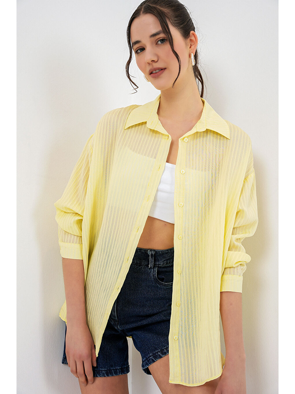 Kadın Uzun Oversize Gömlek 20320 - Sarı-3