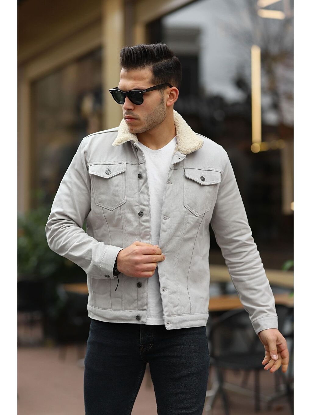 Gri Erkek Trend Kışlık Içi Kürklü Jean Ceket Bej Taş-3