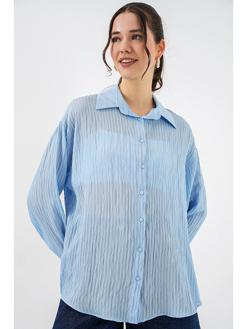 Kadın Uzun Oversize Gömlek 20320 - Mavi-2