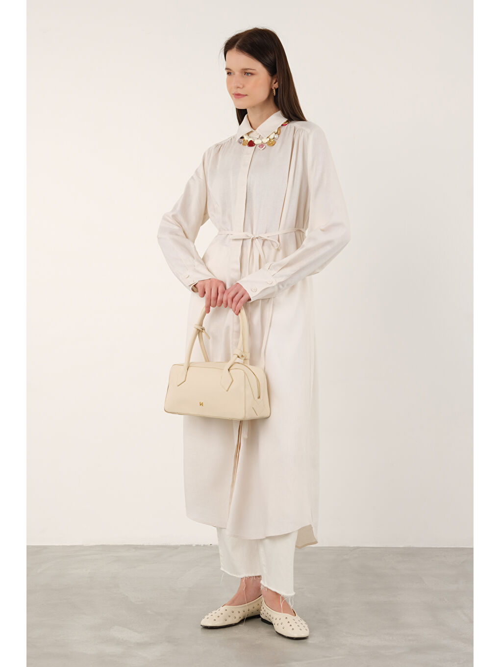 Uzun Keten Gömlek Ekru-2