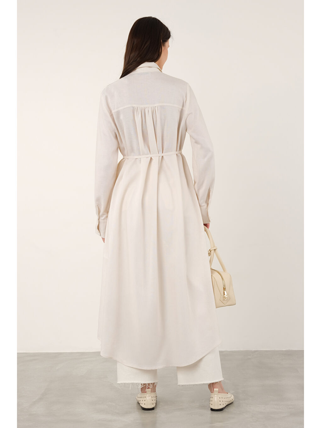 Uzun Keten Gömlek Ekru-3