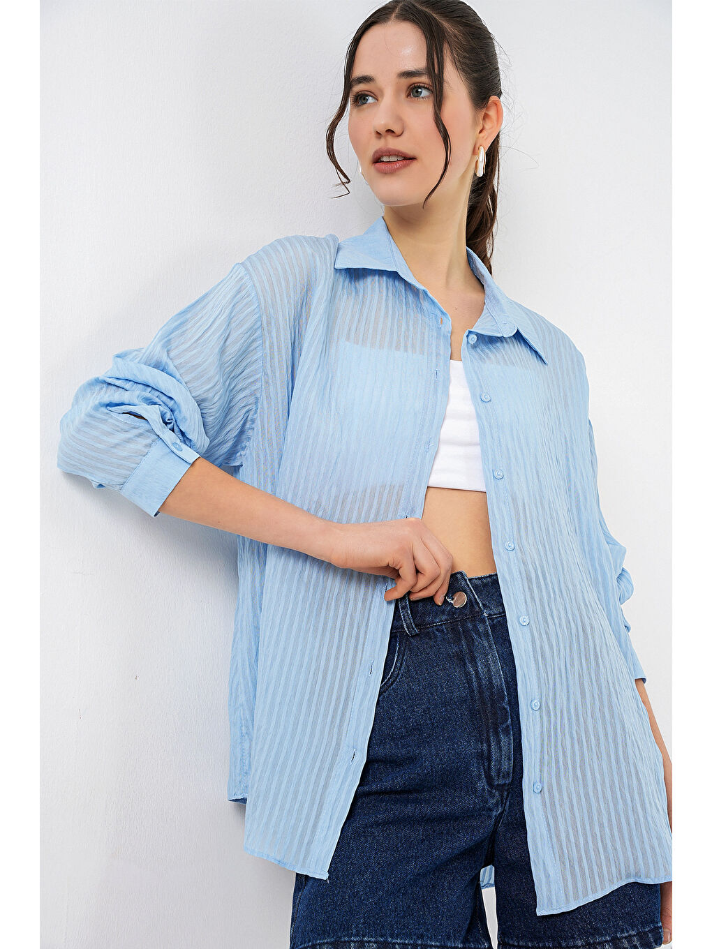 Kadın Uzun Oversize Gömlek 20320 - Mavi-3