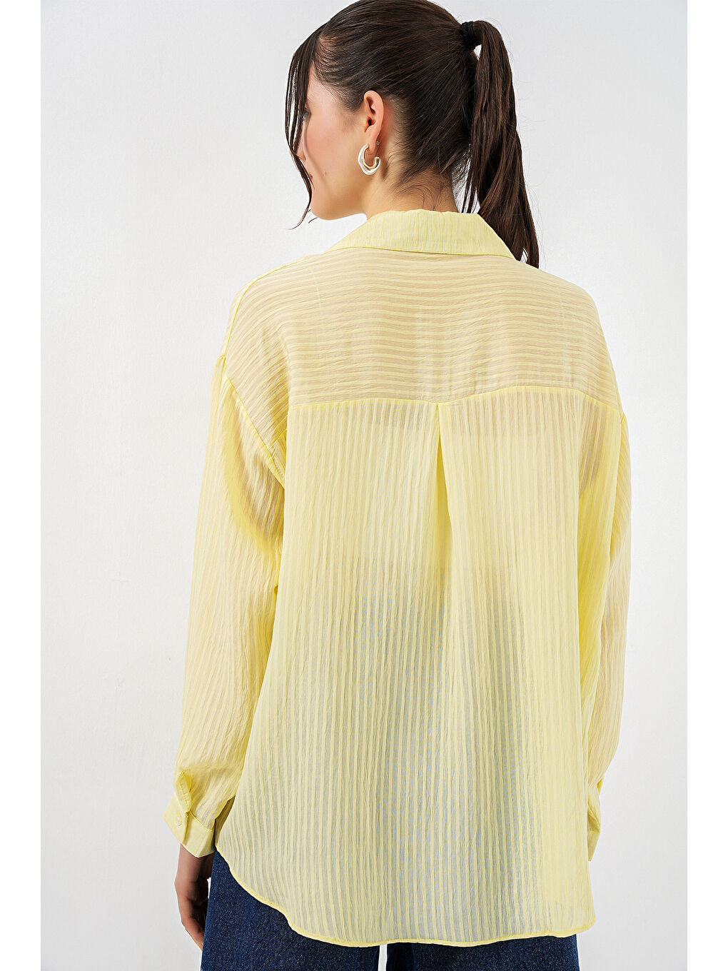 Kadın Uzun Oversize Gömlek 20320 - Sarı-5