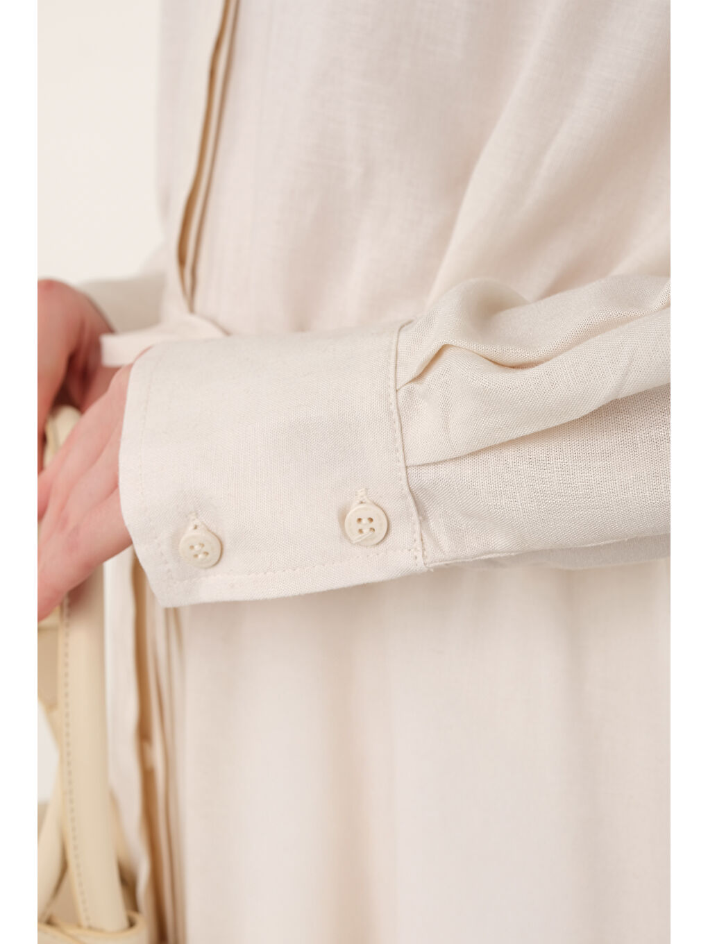 Uzun Keten Gömlek Ekru-4