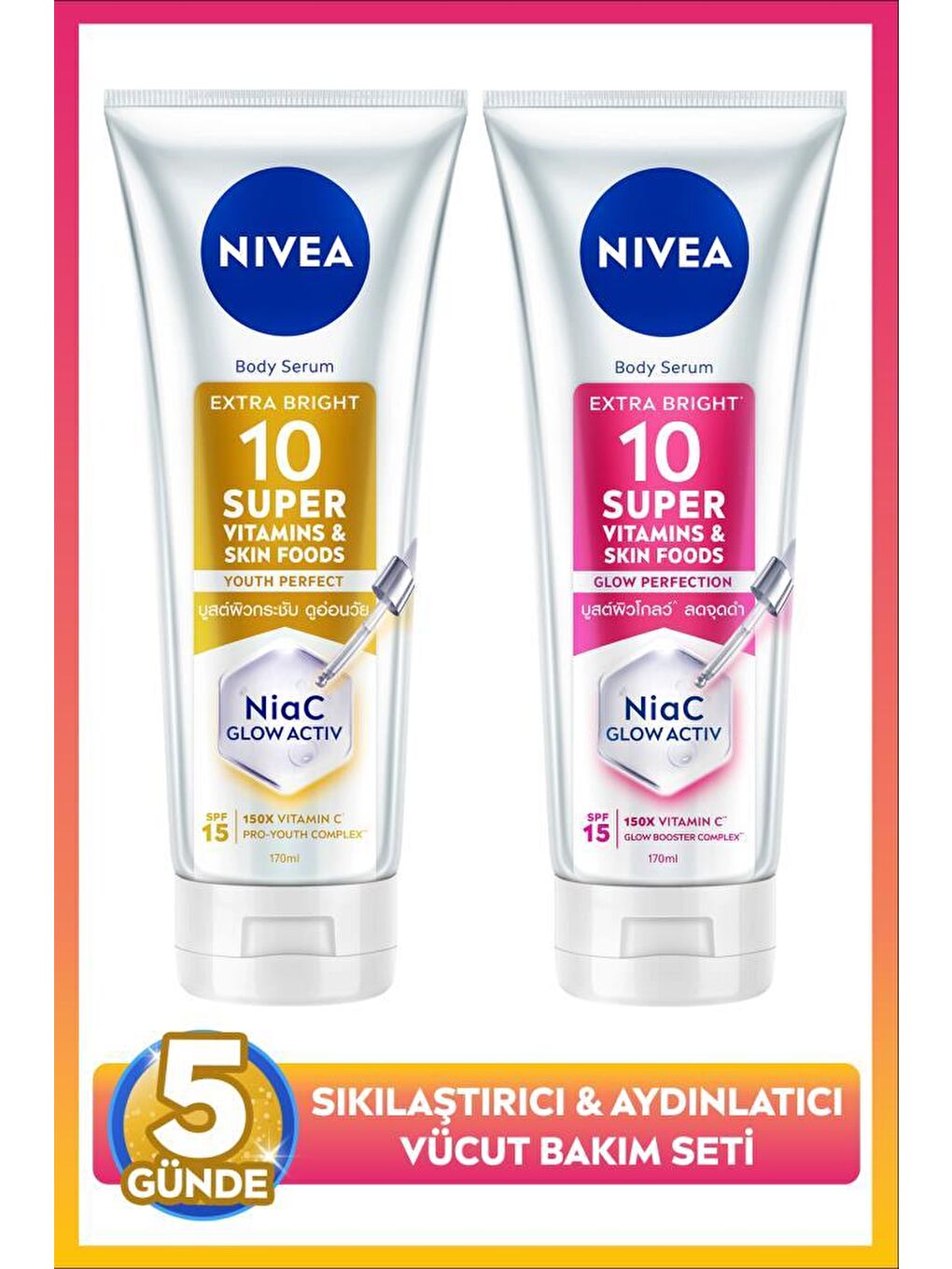 SPF15 Super10 Serum Etkili Sıkılaştırıcı Vücut Losyon 170ml ve Aydınlatıcı Losyon 170ml,Nemlendirici