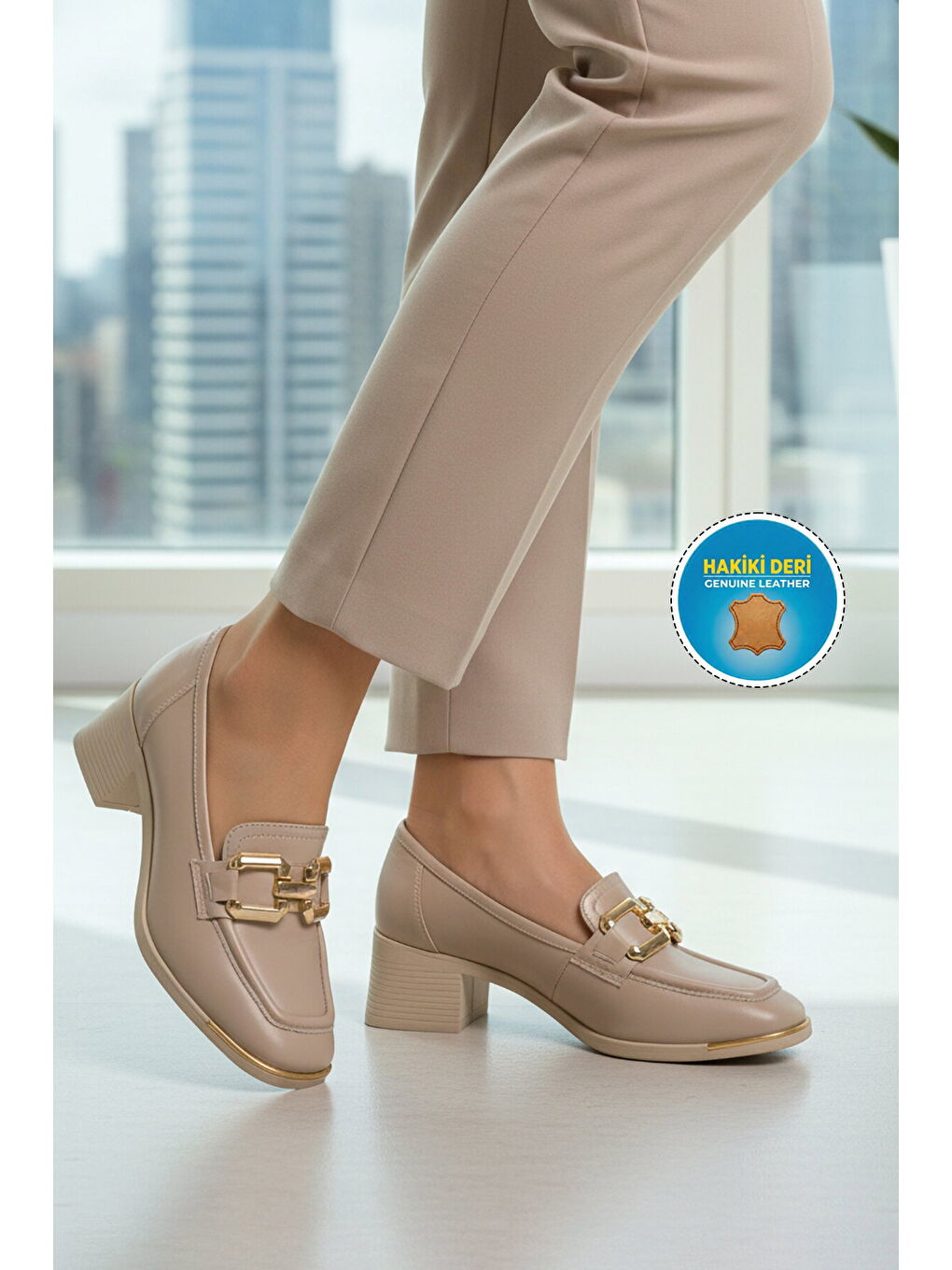 Premium Bej Hakiki Deri Kadın Topuklu Klasik Ayakkabı 757 Z-2