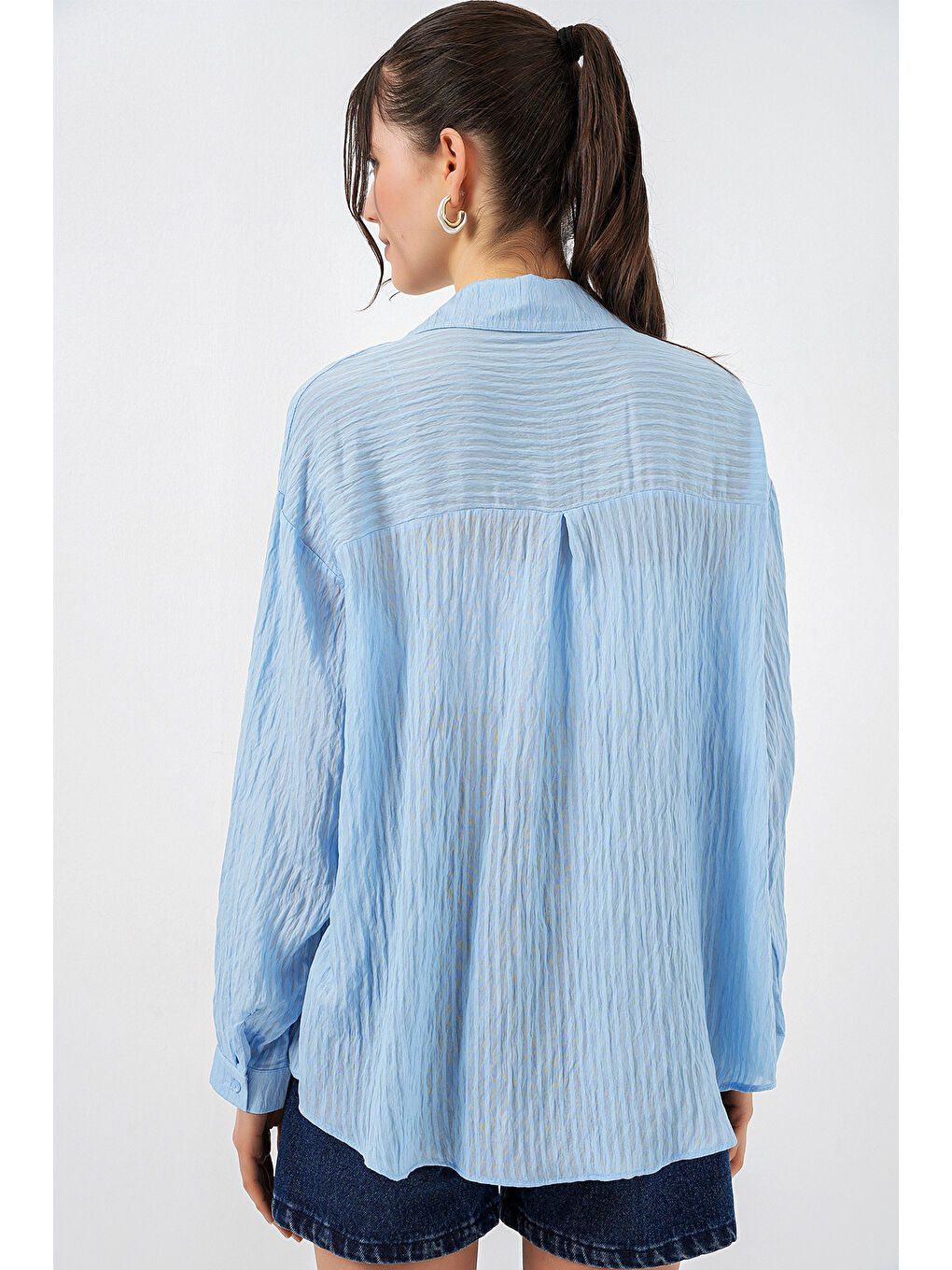 Kadın Uzun Oversize Gömlek 20320 - Mavi-5