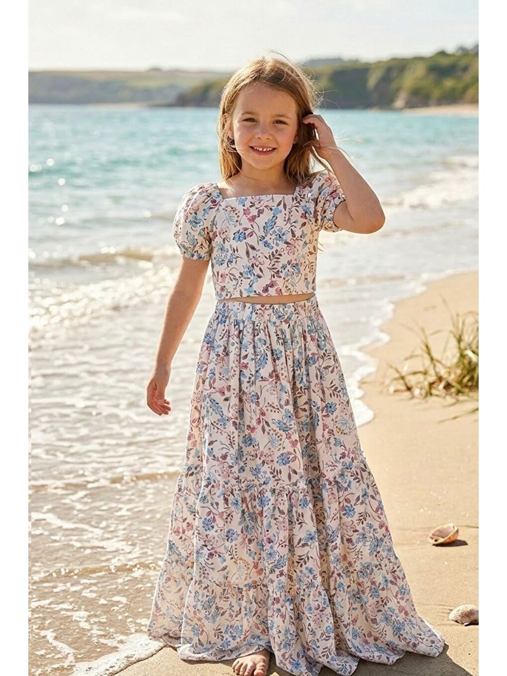 Mor Kız Çocuk Çiçek Desenli Crop Bluz Ve Kat Kat Uzun Etek Takımı 2'Li Yazlık Set