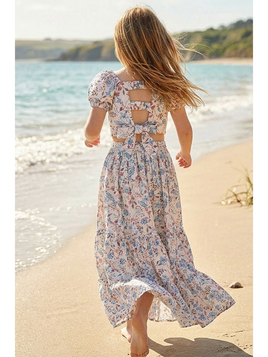 Mor Kız Çocuk Çiçek Desenli Crop Bluz Ve Kat Kat Uzun Etek Takımı 2'Li Yazlık Set-1