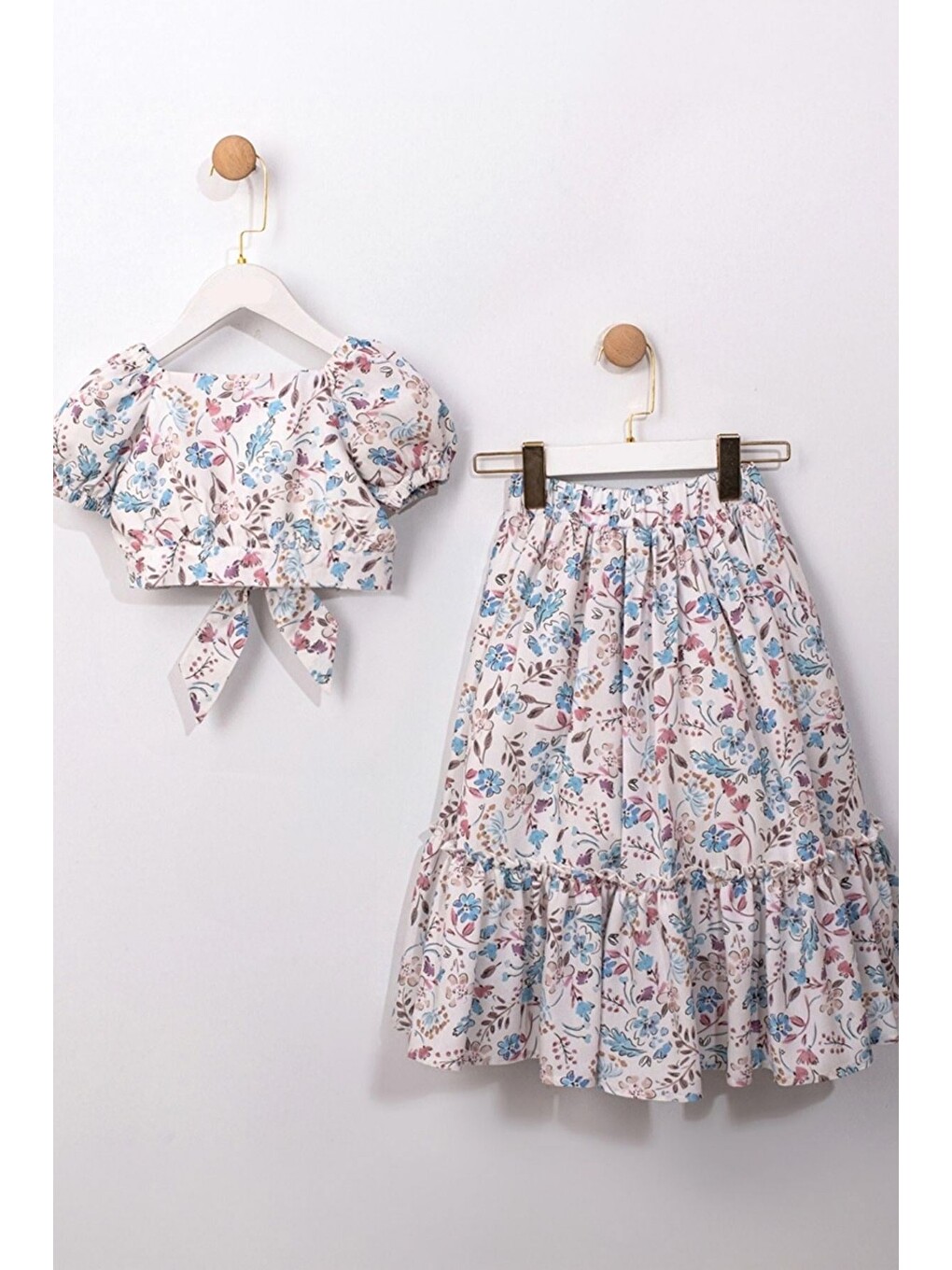 Mor Kız Çocuk Çiçek Desenli Crop Bluz Ve Kat Kat Uzun Etek Takımı 2'Li Yazlık Set-2
