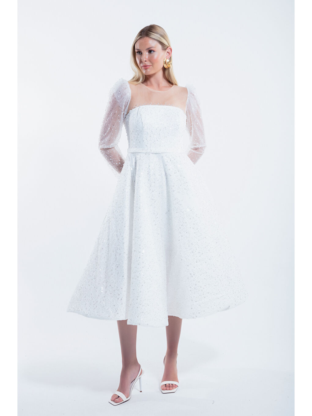 Kadın Beyaz Kloş Kesim Simli Midi Abiye Elbise-1