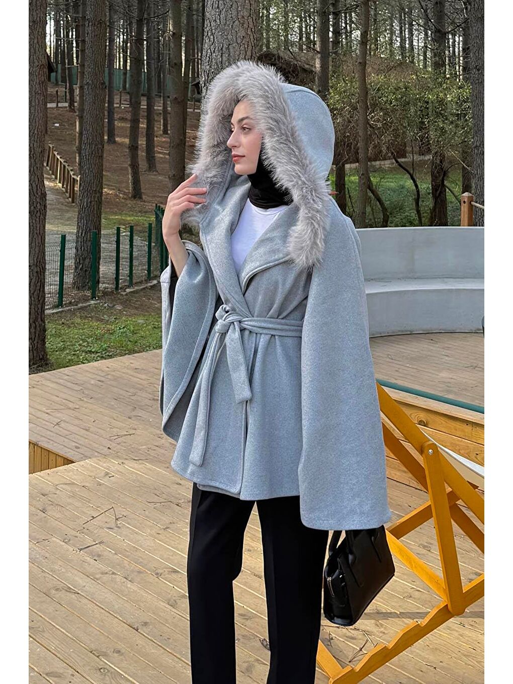 Kapüşonlu Panço Gri-1