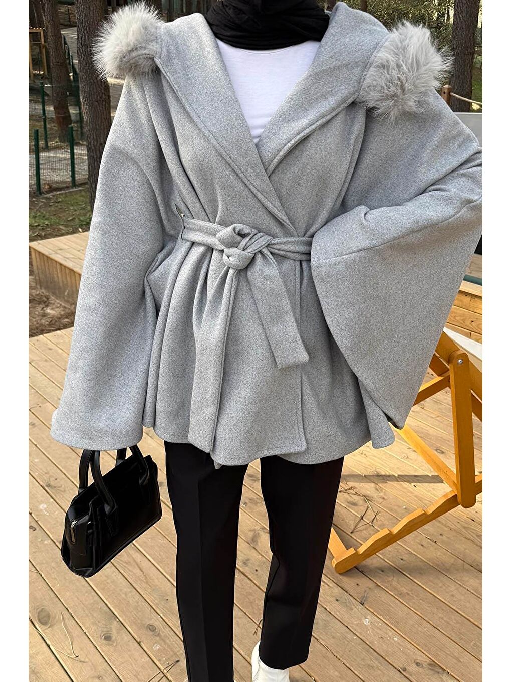 Kapüşonlu Panço Gri-2