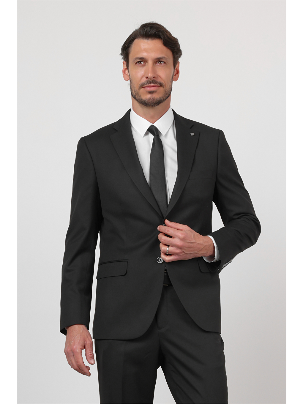 Siyah Düz Desen Mono Yaka 6 Drop Comfort Fit Esnek Takım Elbise 1001260167-1