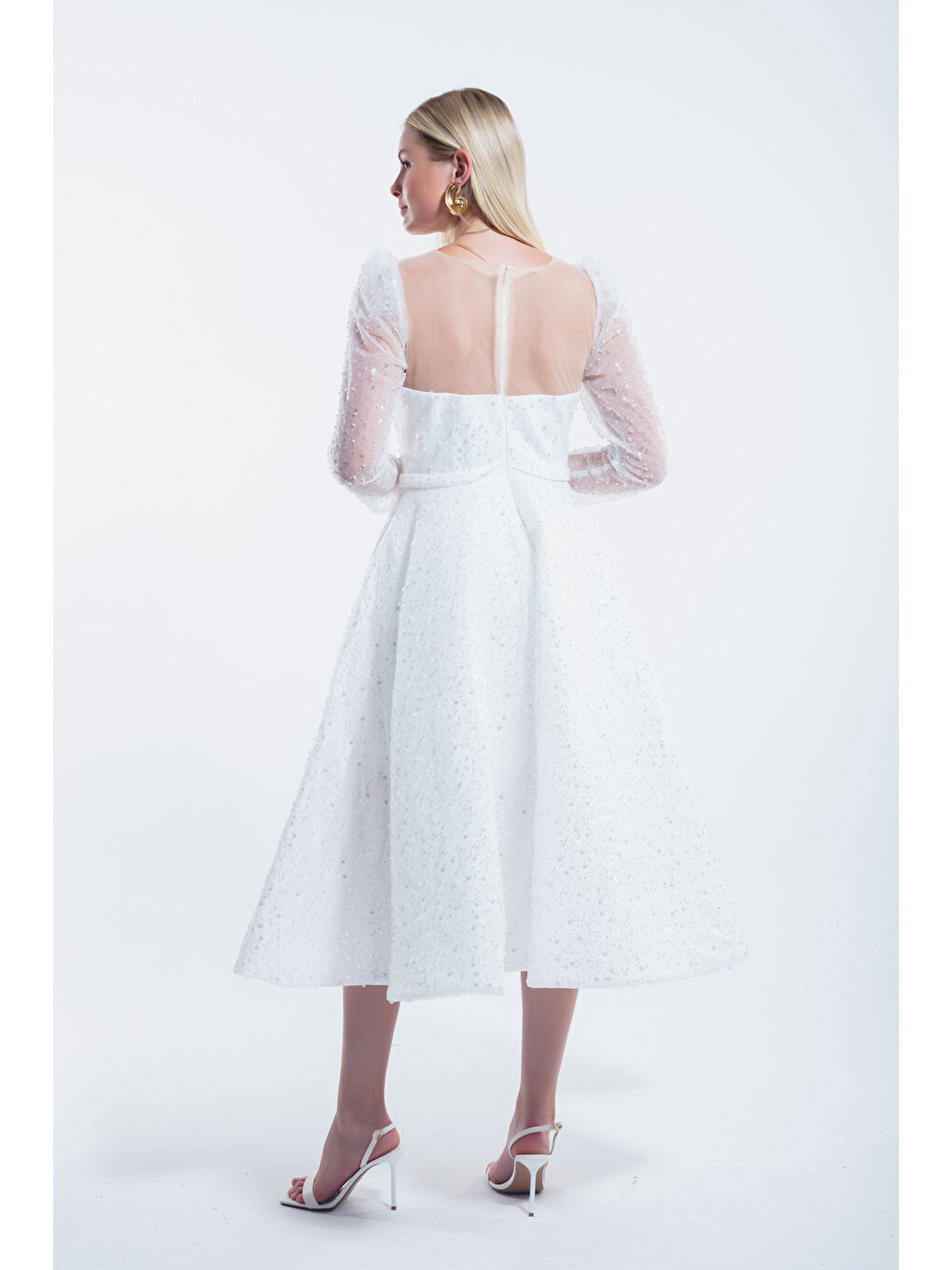 Kadın Beyaz Kloş Kesim Simli Midi Abiye Elbise-4