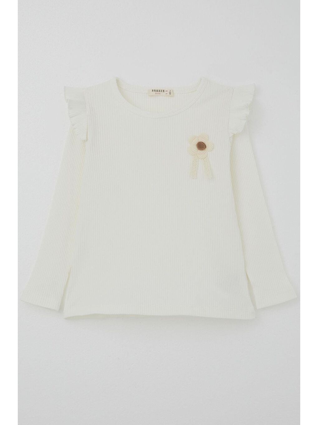 Kız Çocuk Uzun Kollu Tişört Çiçek Arma Detaylı Omuzu Fırfırlı Ekru (2-6 Yaş)-1