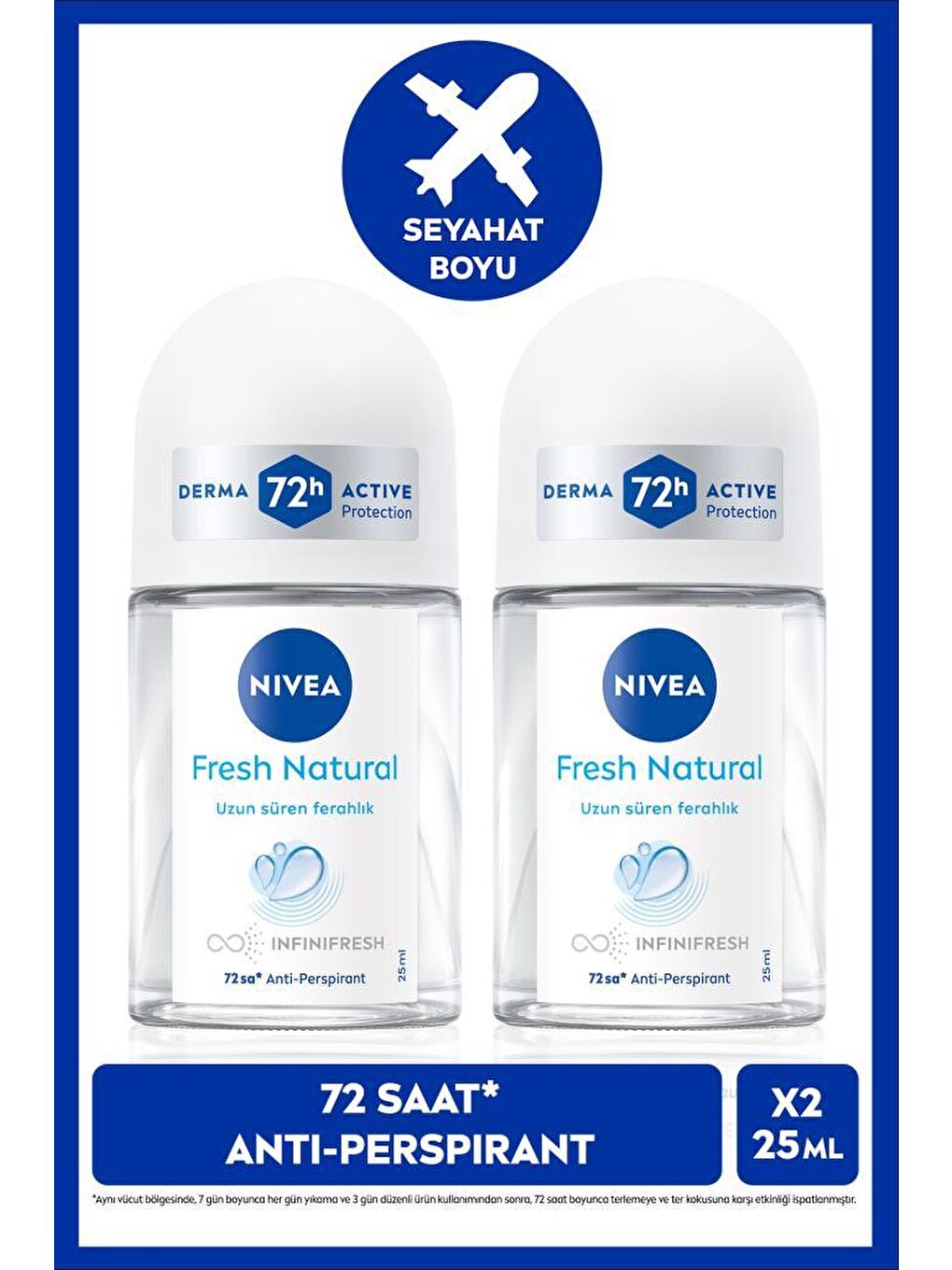 Kadın Roll-on Deodorant Fresh Natural 25ml, 72 Saat Anti-perspirant Koruma, Seyahat Boyu, Terl