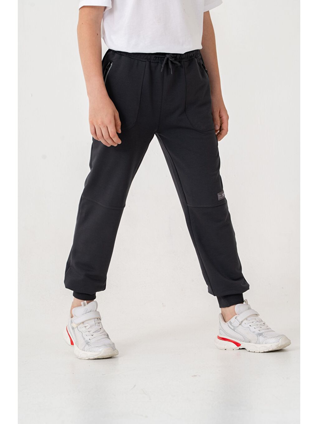 Gri Paça Ribanalı Cep Fermuarlı Erkek Çocuk Eşofman Alt-3