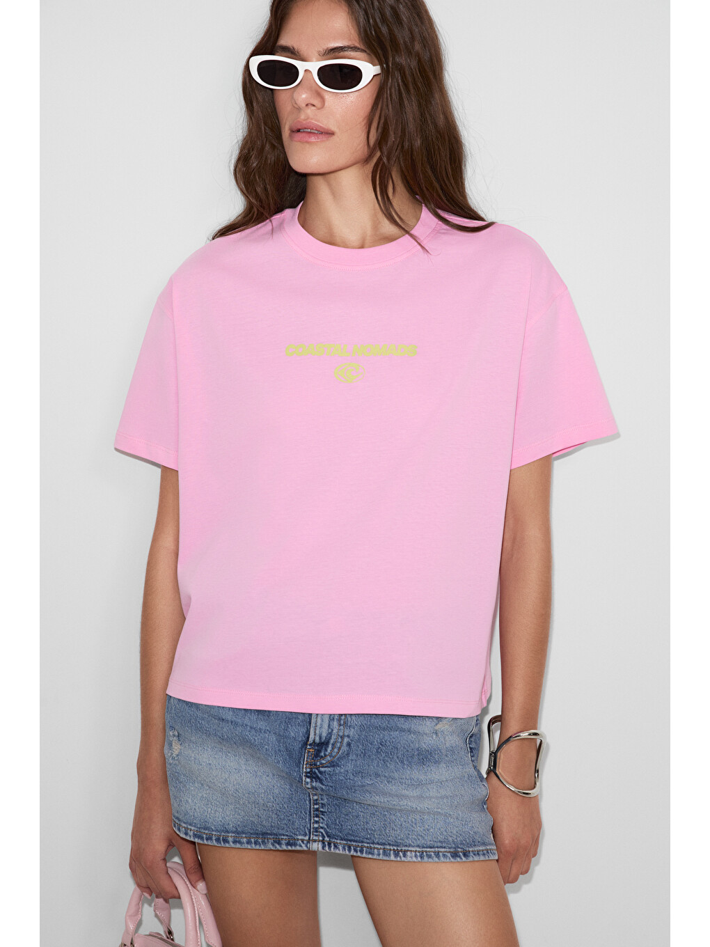Fıneste Kadın Yumuşak Kumaşlı %100 Organik Pamuklu Baskı Detaylı Pembe T-shirt-5