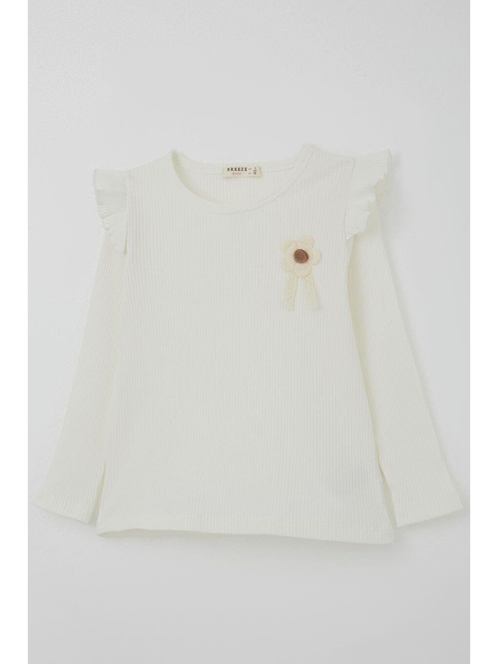 Kız Çocuk Uzun Kollu Tişört Çiçek Arma Detaylı Omuzu Fırfırlı Ekru (2-6 Yaş)-3